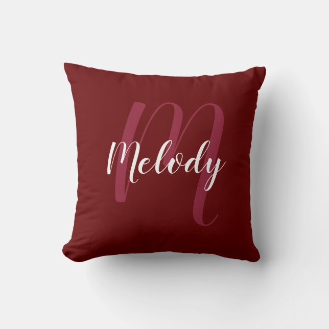 Coussin Monogramme et nom personnalisé Burgandy Red (Recto)