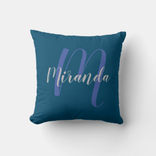 Coussin Monogramme et nom personnalisé moderne Navy Blue