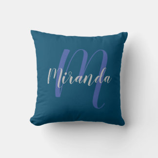 Coussin Monogramme et nom personnalisé moderne Navy Blue