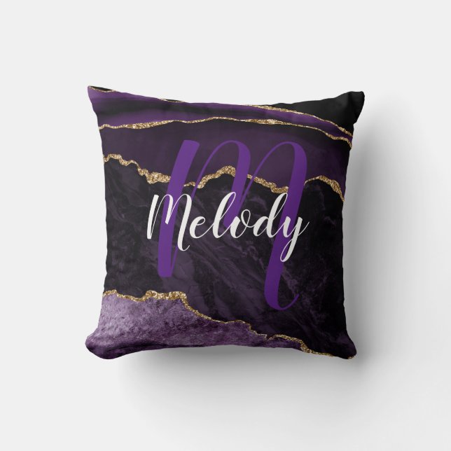 Coussin Monogramme et nom personnalisé violet et or (Recto)