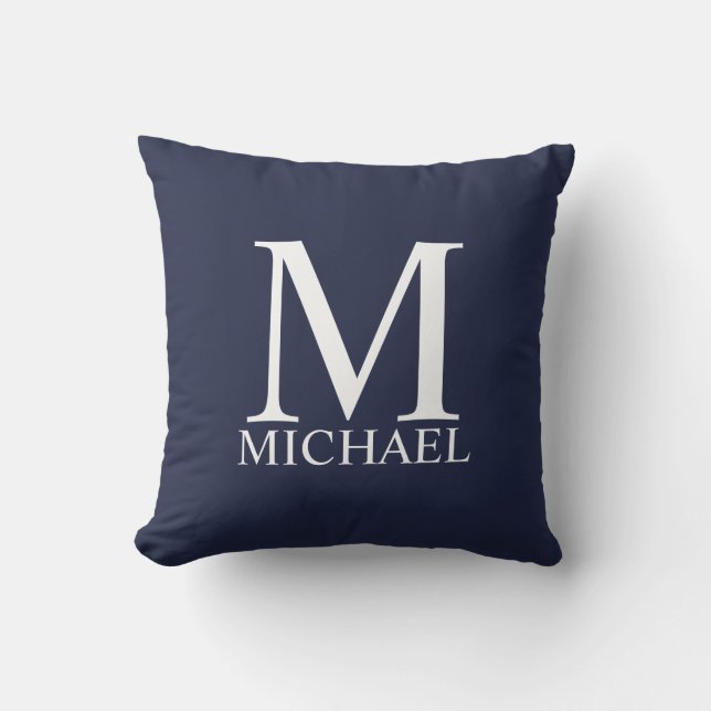 Coussin Monogramme et nom personnalisés bleu marine (Recto)