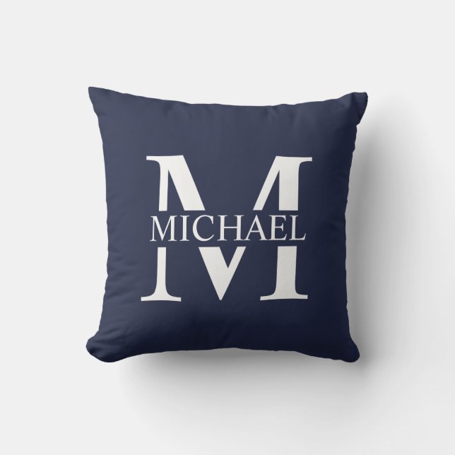 Coussin Monogramme et nom personnalisés bleu marine (Recto)