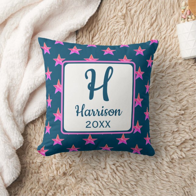 Coussin Monogramme étoile initiale rose bleu coloré (Couverture)