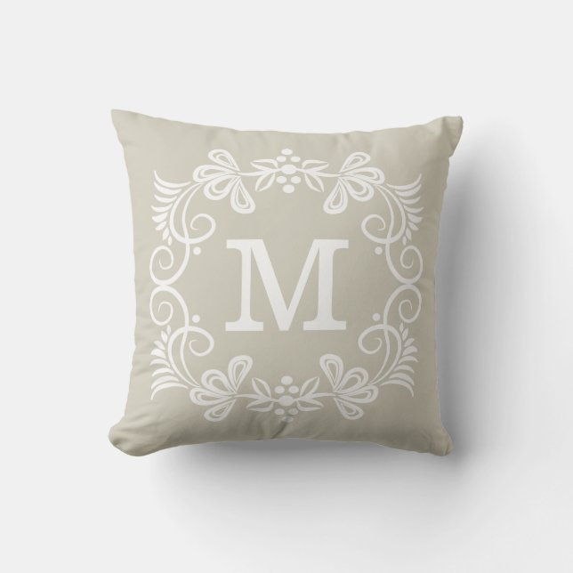 Coussin Monogramme fait sur commande blanc beige décoratif (Recto)