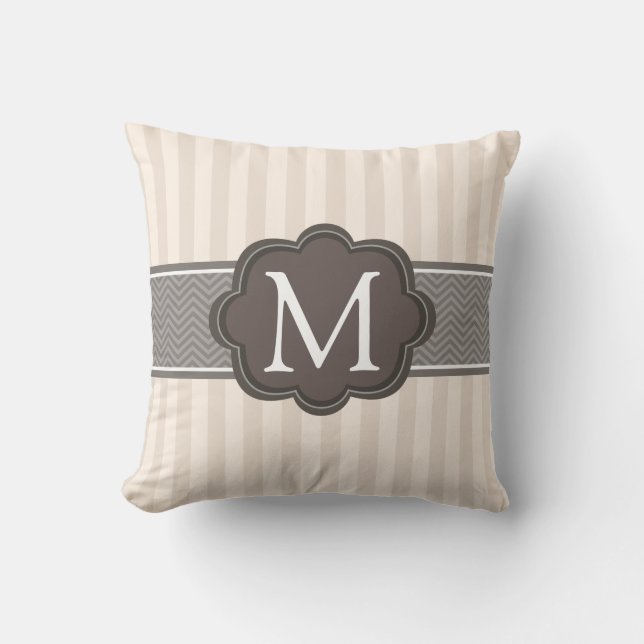 Coussin Monogramme fait sur commande Brown de rayures (Recto)