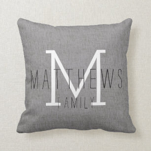 Coussin Monogramme fait sur commande de toile gris chic de