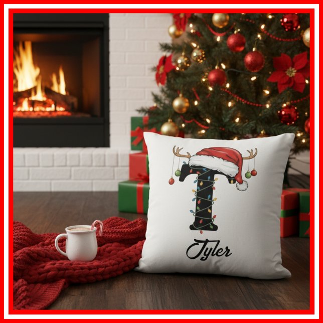 Coussin Monogramme Famille Antlers de Noël Santa Hat (Créateur téléchargé)