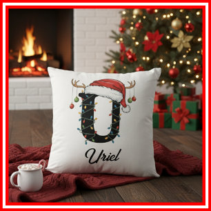 Coussin Monogramme Famille Antlers de Noël Santa Hat