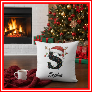 Coussin Monogramme Famille Antlers de Noël Santa Hat