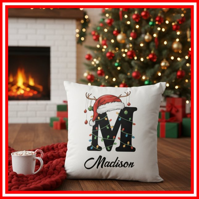 Coussin Monogramme Famille Antlers de Noël Santa Hat (Créateur téléchargé)