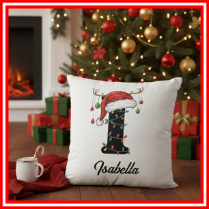 Coussin Monogramme Famille Antlers de Noël Santa Hat