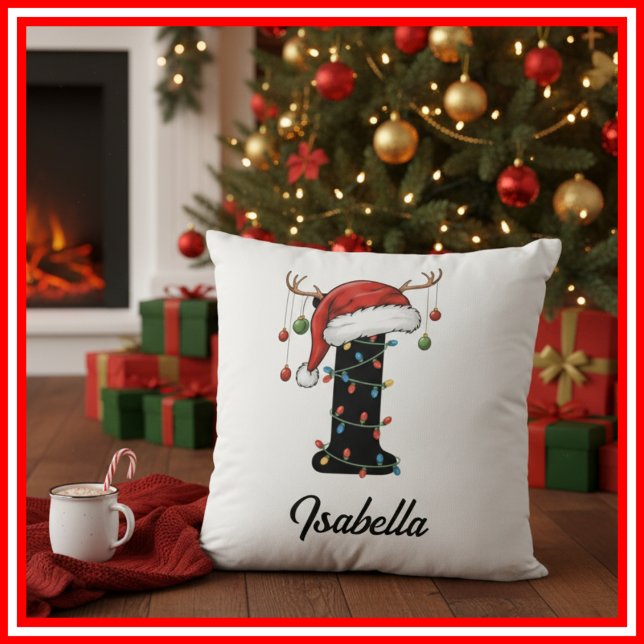 Coussin Monogramme Famille Antlers de Noël Santa Hat (Créateur téléchargé)