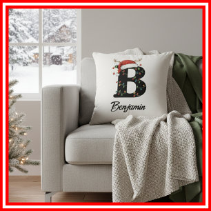 Coussin Monogramme Famille Antlers de Noël Santa Hat
