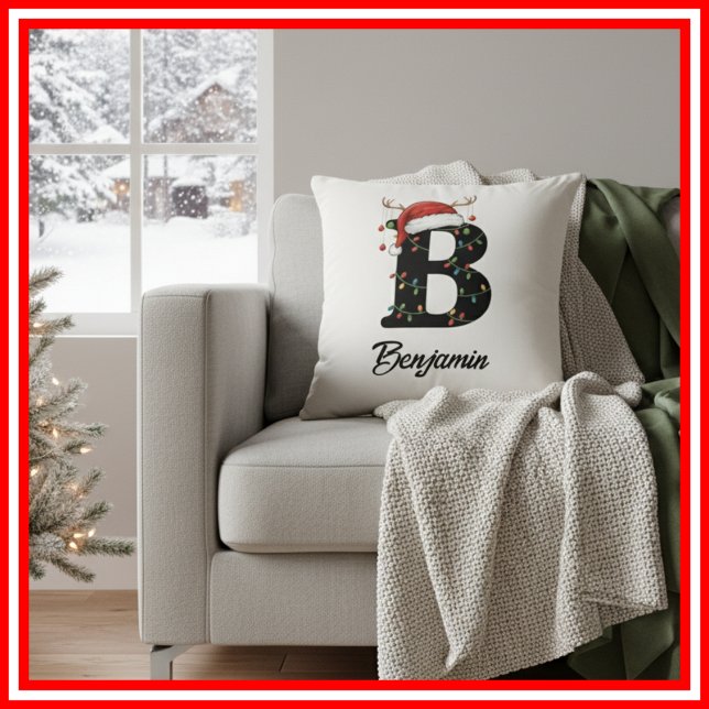 Coussin Monogramme Famille Antlers de Noël Santa Hat (Créateur téléchargé)