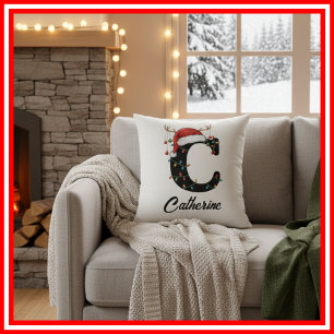 Coussin Monogramme Famille Antlers de Noël Santa Hat