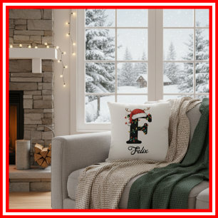 Coussin Monogramme Famille Antlers de Noël Santa Hat