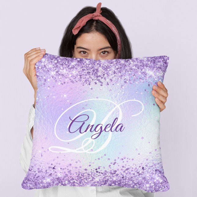 Coussin Monogramme fantaisie irisé pâle pailleté violet (Purple Glitter Pale Iridescent Fancy Monogram Throw Pillow)