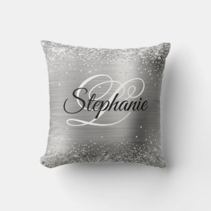 Coussin Monogramme Fantaisie Pailleté Argenté