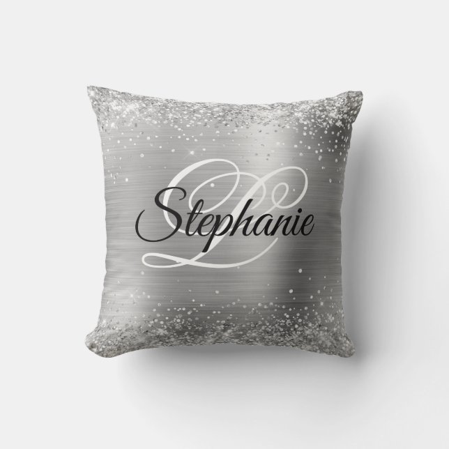 Coussin Monogramme Fantaisie Pailleté Argenté (Recto)