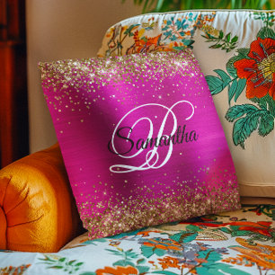 Coussin Monogramme fantaisie pailleté or rose chaud