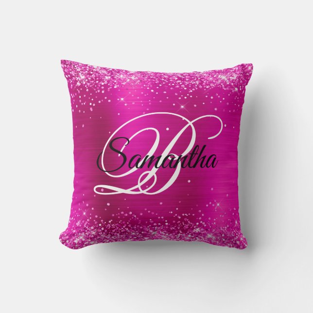 Coussin Monogramme fantaisie pailleté rose chaud en feuill (Recto)