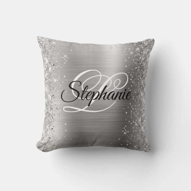 Coussin Monogramme fantaisie pailleté sur fond argenté (Recto)