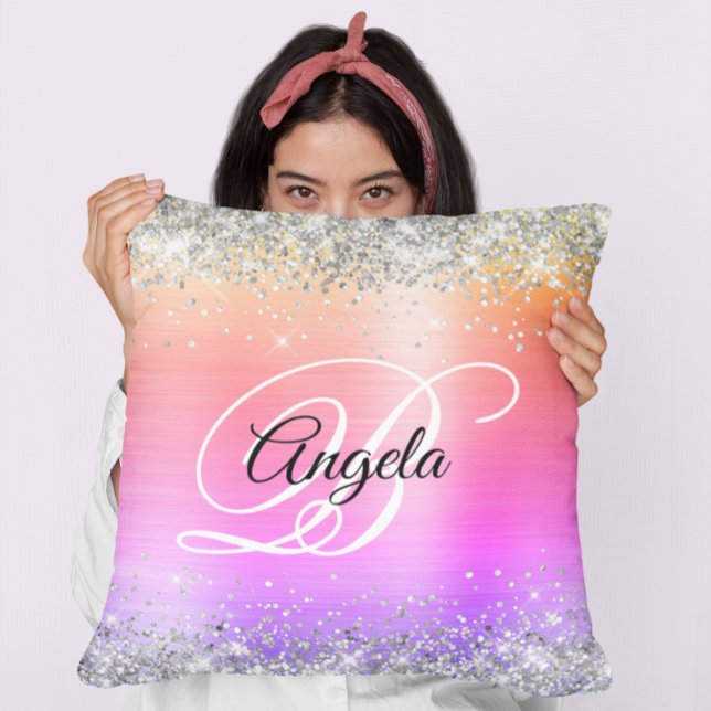 Coussin Monogramme Fantaisie Paillettes Argent Arc-en-ciel (Silver Glitter Rainbow Foil Fancy Monogram Throw Pillow)
