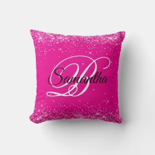 Coussin Monogramme fantaisie rose chaud pailleté