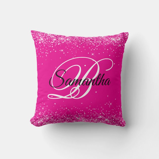 Coussin Monogramme fantaisie rose chaud pailleté (Recto)