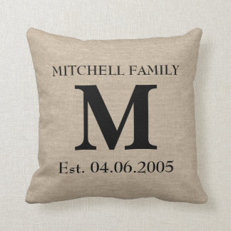Coussin Monogramme faux lin burlap rustique mariage initia