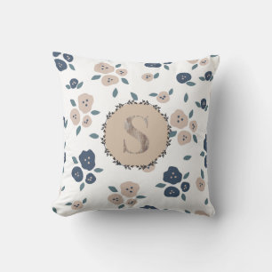 Coussin Monogramme Ferme Floral Bleu Tan Pays Rustique