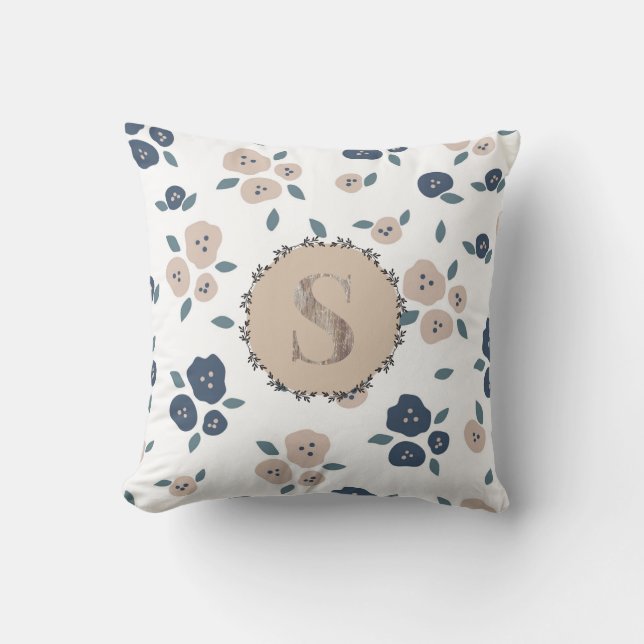Coussin Monogramme Ferme Floral Bleu Tan Pays Rustique (Recto)