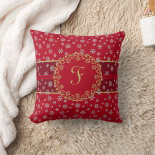 Coussin Monogramme Festive Red et Snowflakes