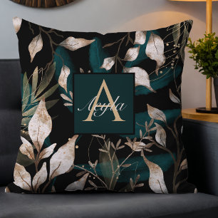 Coussin Monogramme Feuille botanique moderne foncé