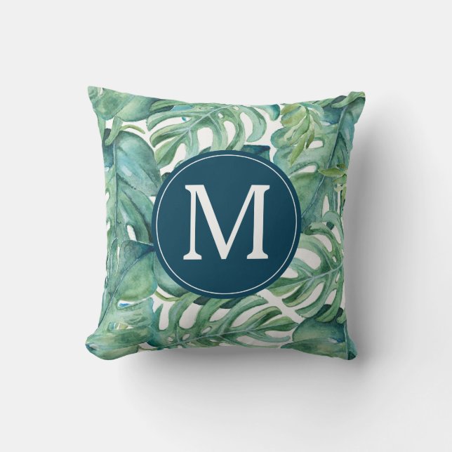 Coussin Monogramme Feuille de palme tropicale moderne (Recto)