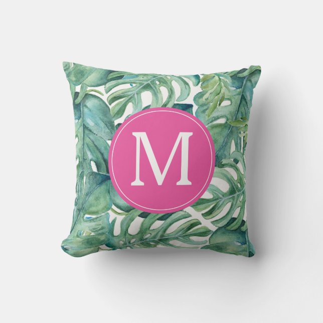 Coussin Monogramme Feuille de palme tropicale moderne (Recto)