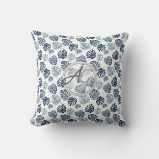 Coussin Monogramme Feuille de palmier bleu marine Décor tr