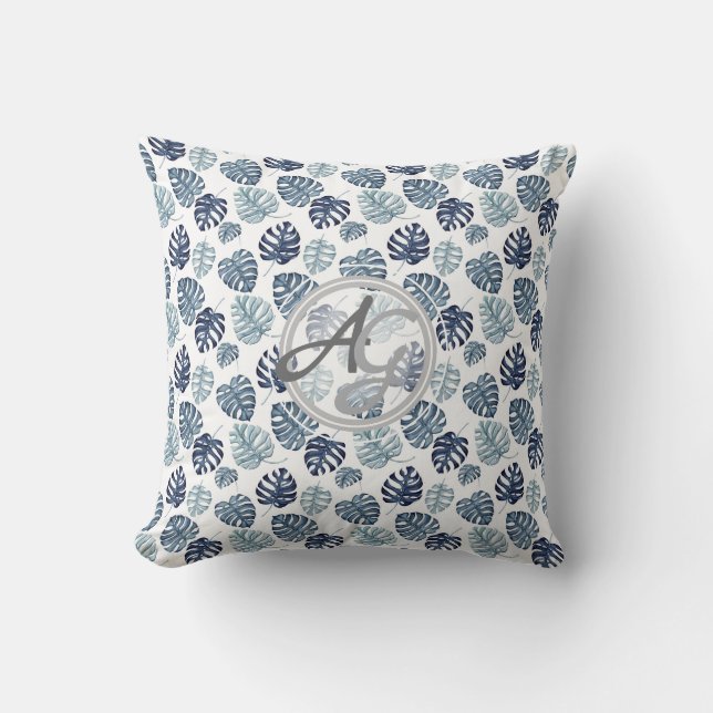 Coussin Monogramme Feuille de palmier bleu marine Décor tr (Recto)