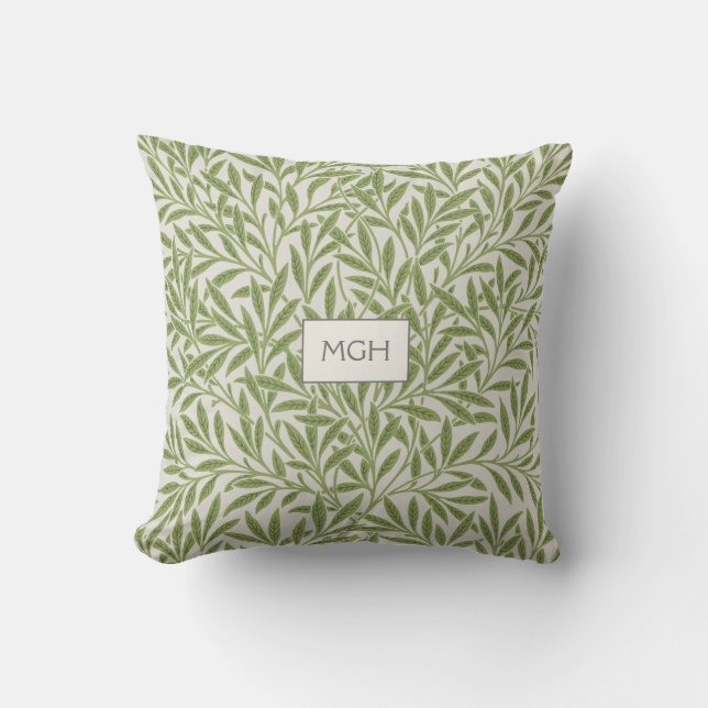 Coussin Monogramme Feuille de saule vert moderne (Recto)