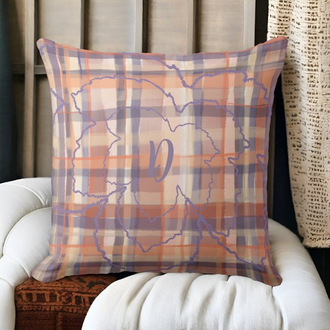 Coussin Monogramme feuille tartan beige orange violet (Créateur téléchargé)
