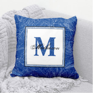 Coussin Monogramme Feuille Tropical Motif Bleu Art