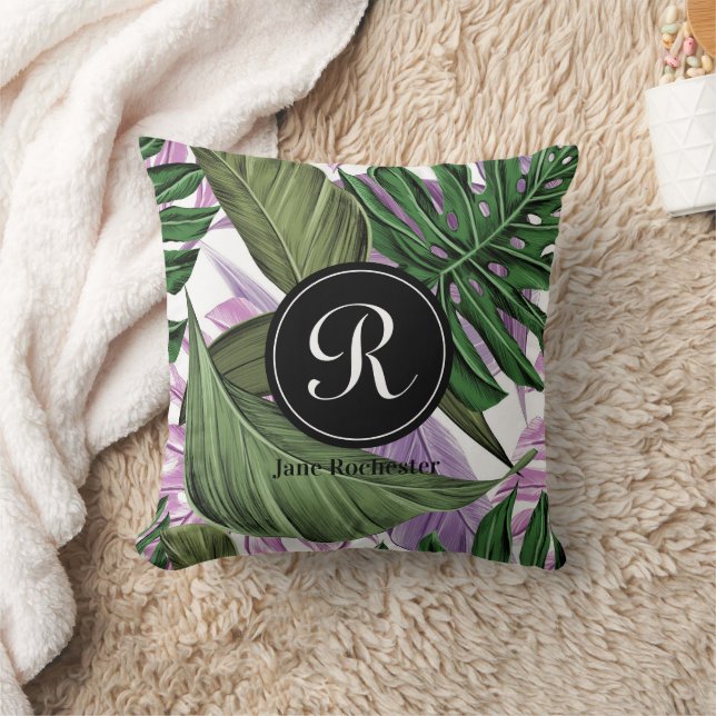 Coussin Monogramme Feuille violet vert d'été tropical (Couverture)