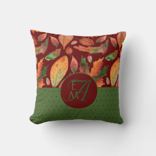 Coussin Monogramme Feuilles Automne Chute Profond Rouge Ve