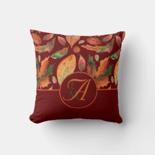 Coussin Monogramme Feuilles d'automne Chute Burgundy Décor
