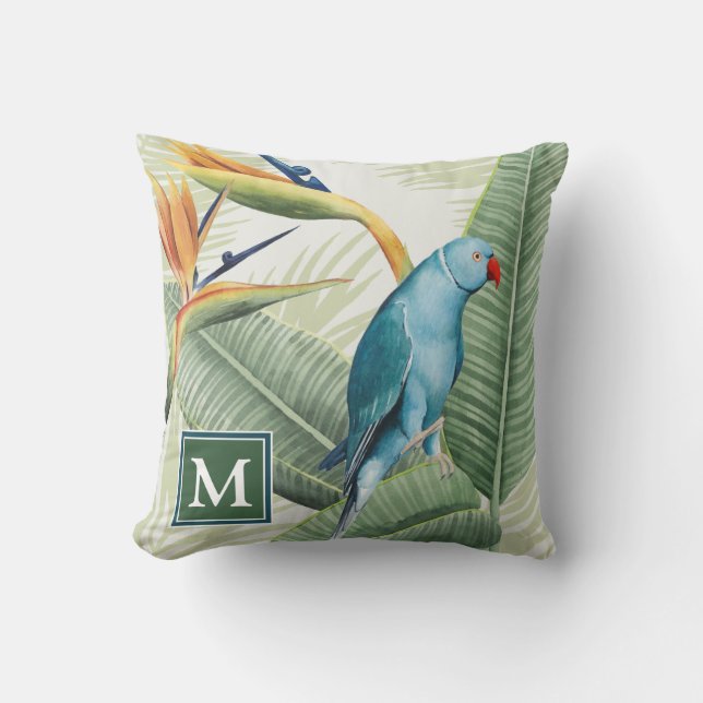 Coussin Monogramme | Feuilles de palmiers à oiseaux bleus (Recto)