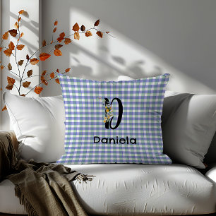 Coussin Monogramme fleur rétro en vichy bleu vert