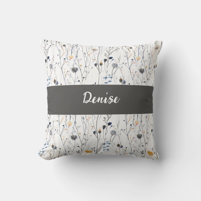 Coussin Monogramme Fleur Sauvage Aquarelle Bleu Gris Nom (Recto)