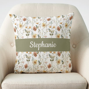 Coussin Monogramme Fleur Sauvage Aquarelle Boho Nom