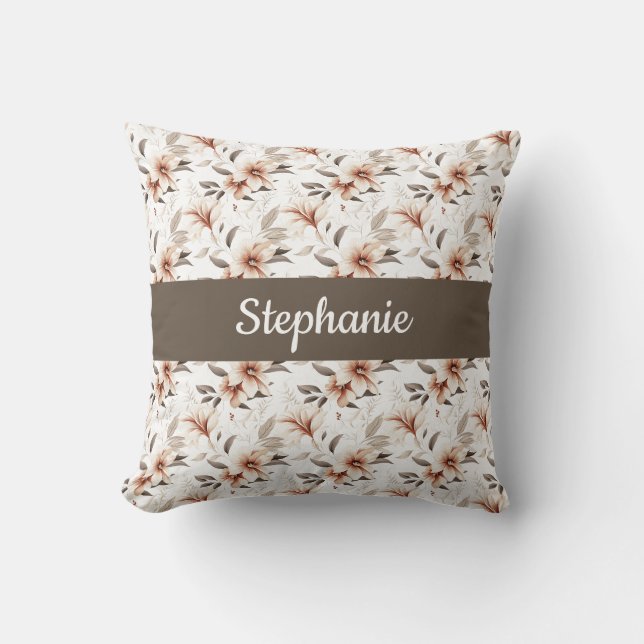 Coussin Monogramme Fleur Sauvage Aquarelle Rose Marron Nom (Recto)