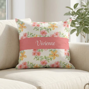 Coussin Monogramme Fleur Sauvage Aquarelle Rose Vert Nom